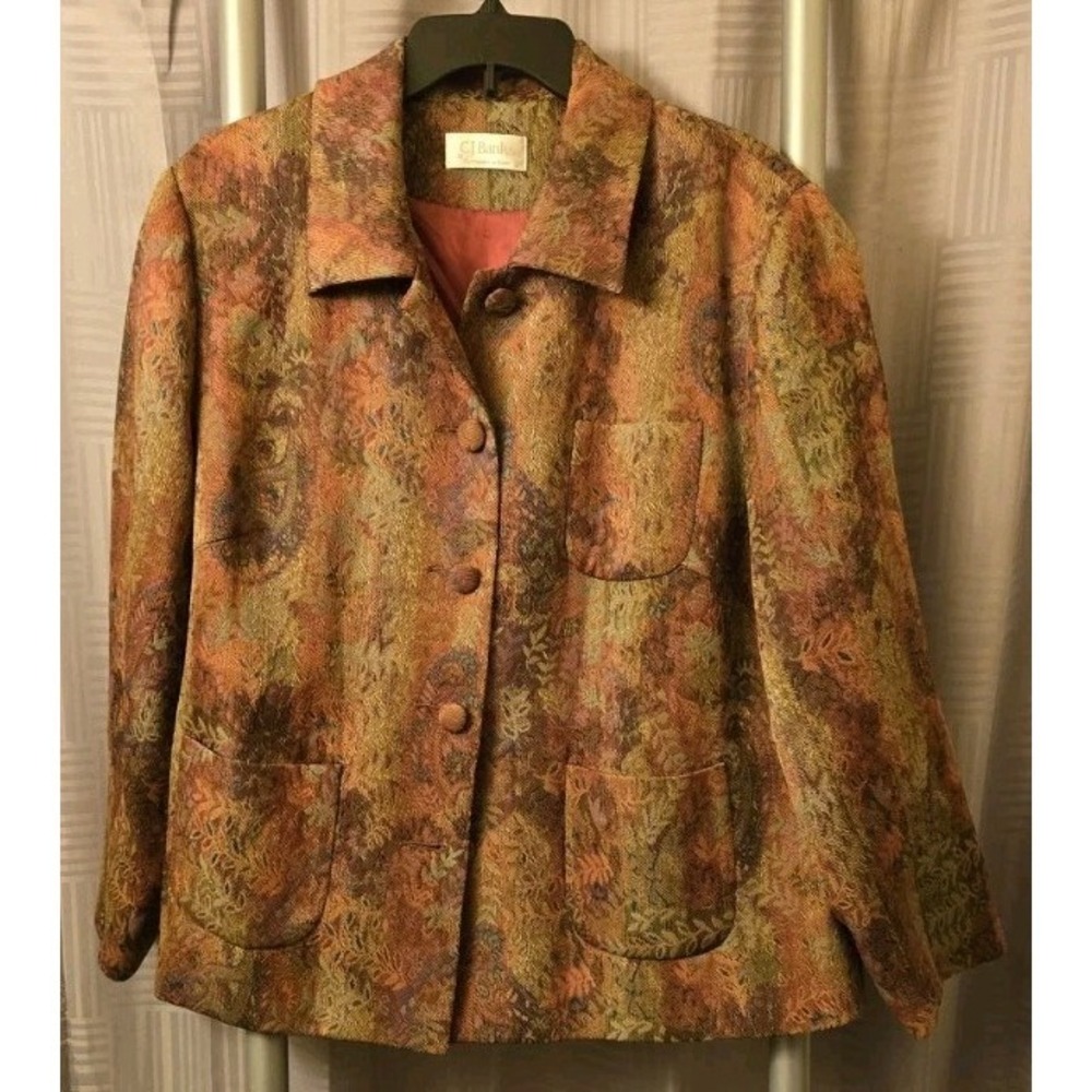 CJ Banks Womens Blazer Sz 1X Autumnal Tones Leafy Button Front Jacket‎ Pockets